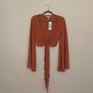 NWT Urban Outfitters Cropped Wrap Front Tie Top with Long Bell Sleeves - Size SP